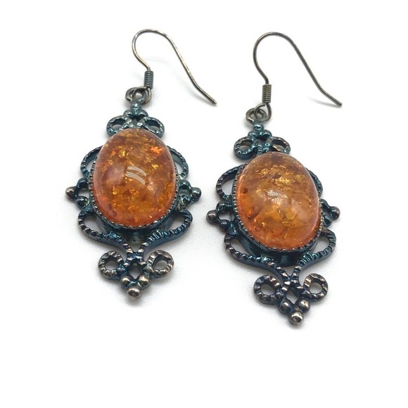 Vintage 925 Sterling Silver Large Baltic Amber Statement Ladies Drop Earrings - Picture 5 of 5